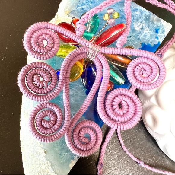 Vintage Up Cycled Wired Wrapped Gem Stones Macramé Woven Adjustable Necklace - Picture 4 of 7